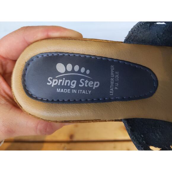Spring Step Italian Leather Wedge Sandals Size 39/8.5 Blue Floral Cutout Cork - Picture 4 of 9